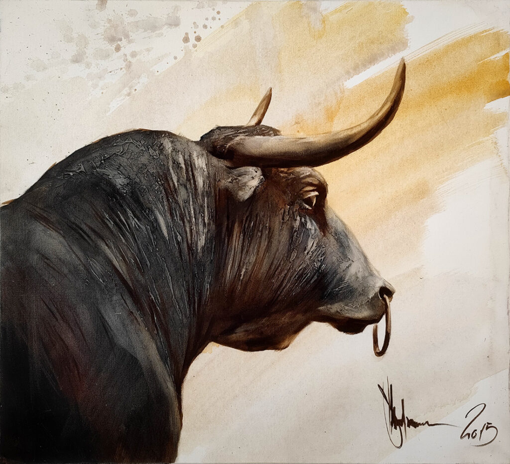 Tired Force 2 by Igor Shulman, original oil painting of a black bull in profile on canvas
