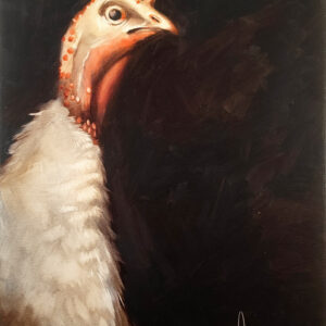 Turkey Portrait by Igor Shulman, original oil painting of a white turkey against a dark background