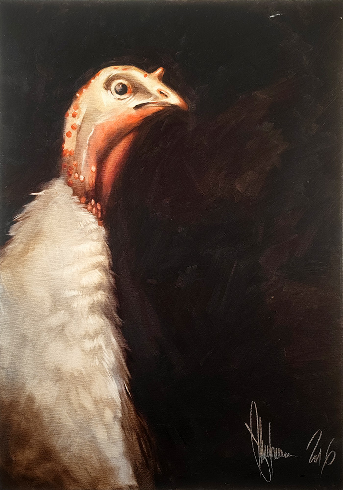 Turkey Portrait by Igor Shulman, original oil painting of a white turkey against a dark background