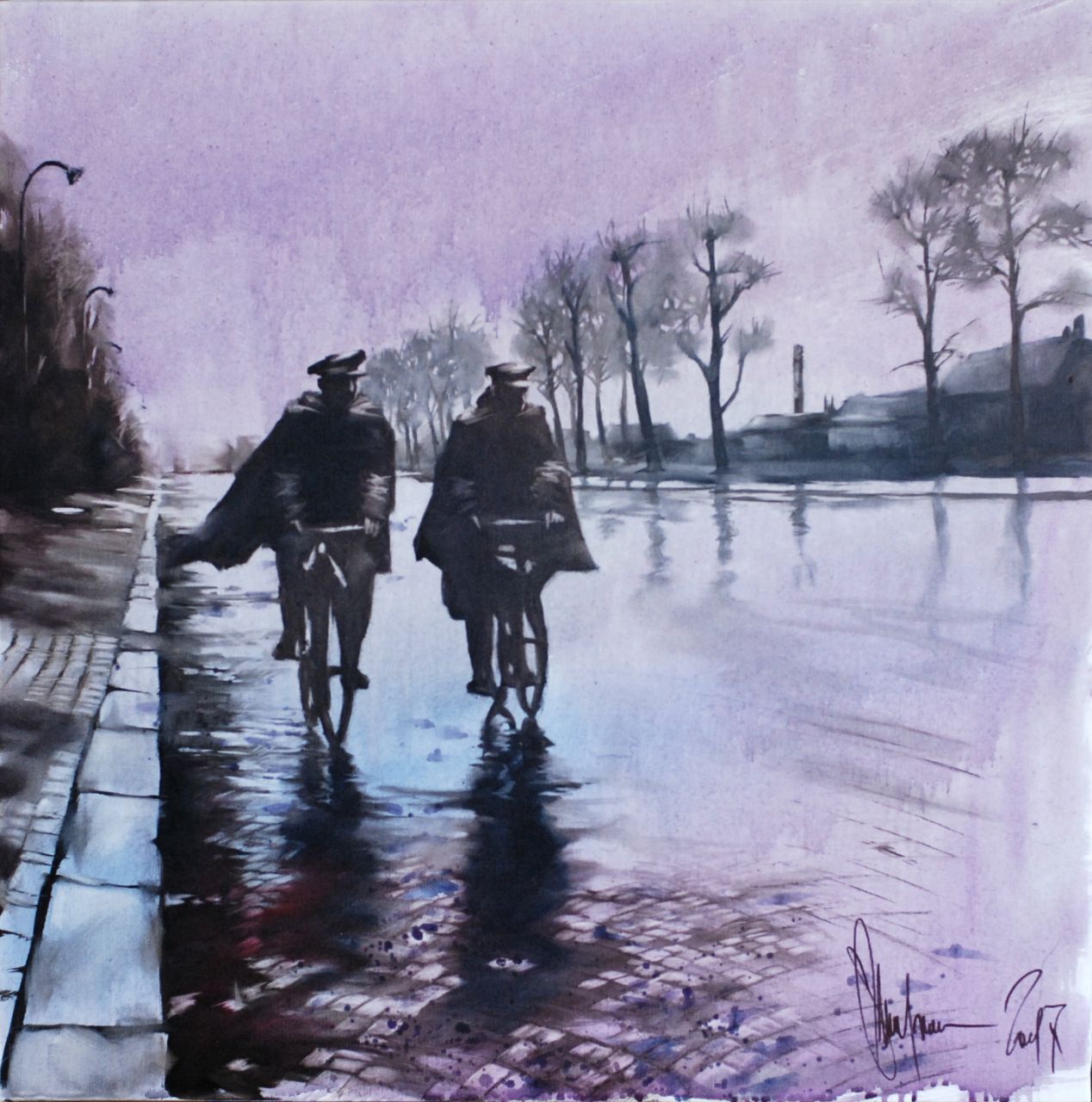 Rainy Ride (2017) – Original Oil Painting by Igor Shulman Rainy Ride, original 2017 oil painting by Igor Shulman showing two riders in the rain
