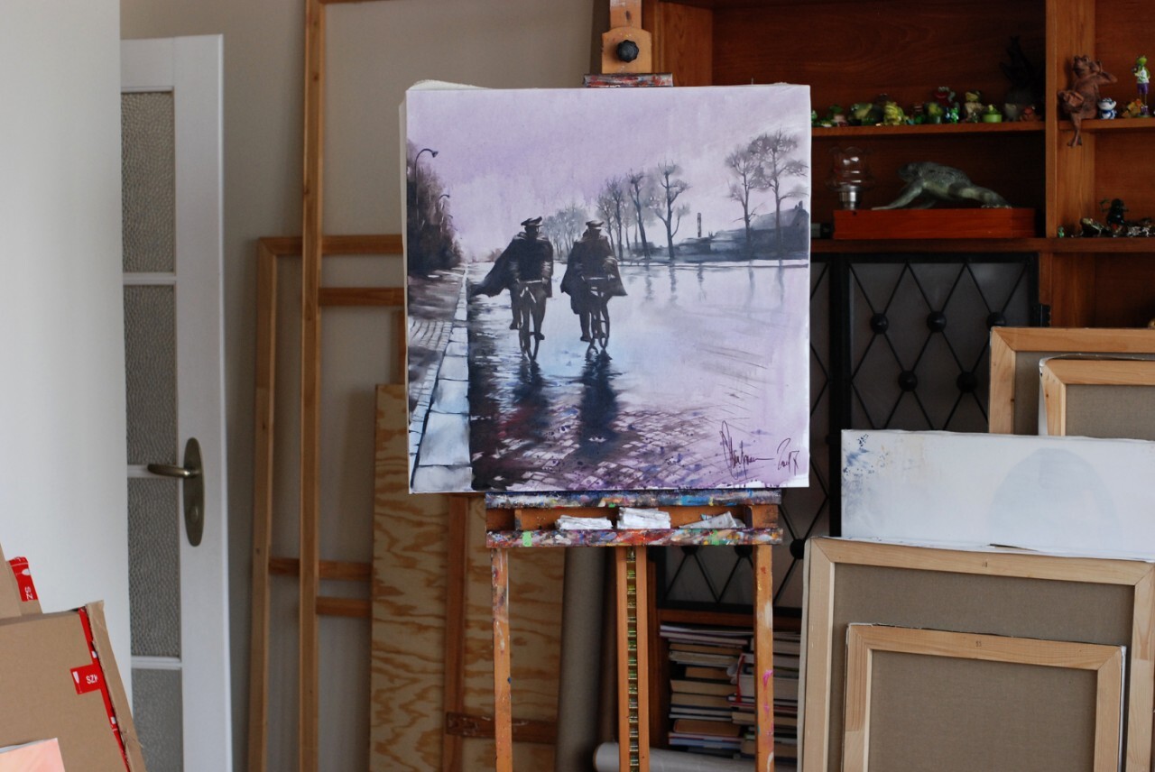 Rainy Ride (2017) on an Easel in Igor Shulman’s Studio Rainy Ride oil painting displayed on an easel in Igor Shulman’s studio