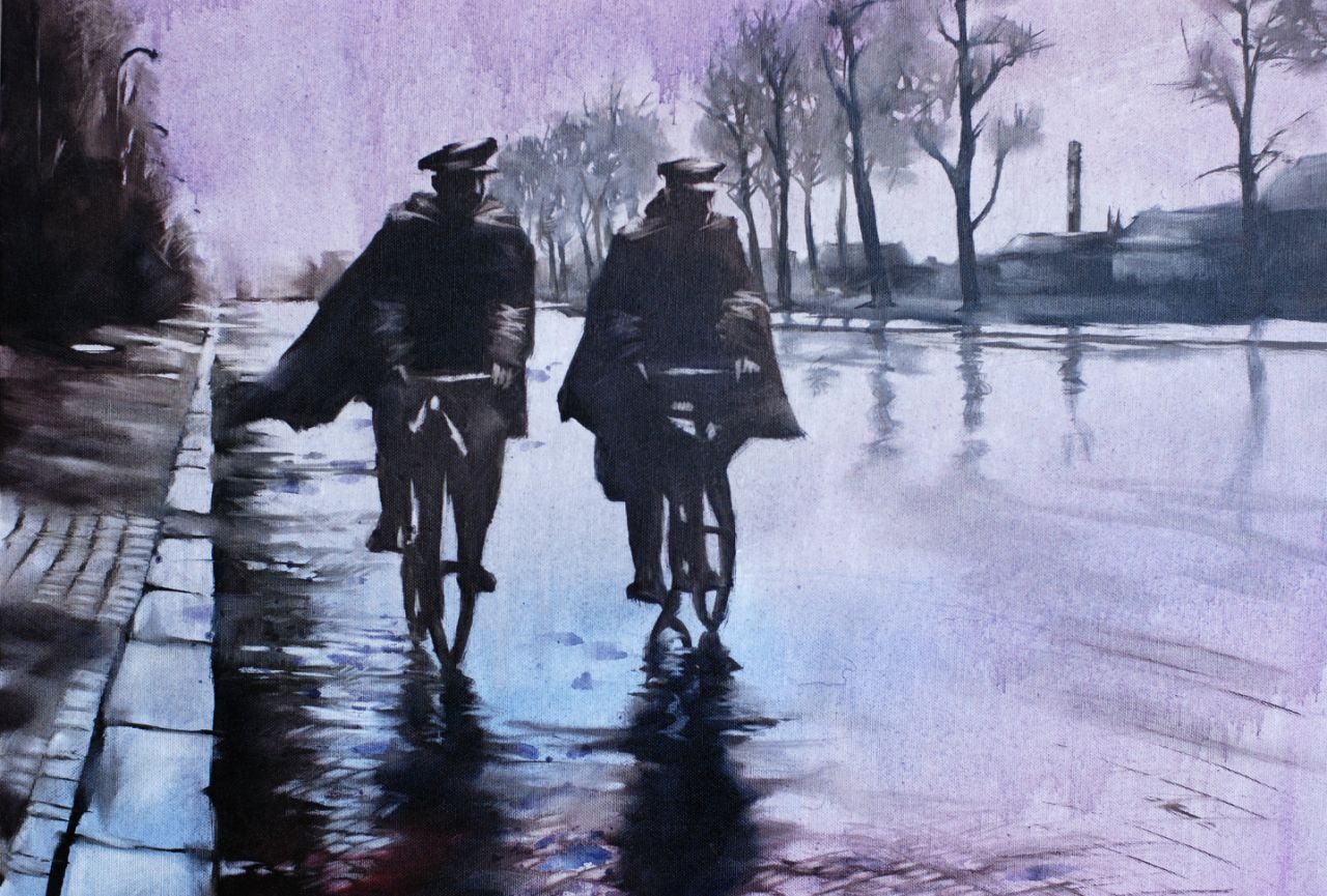 Rainy Ride – Wet Pavement and Reflections Detail of Rainy Ride showing wet pavement, reflections and expressive oil brushwork