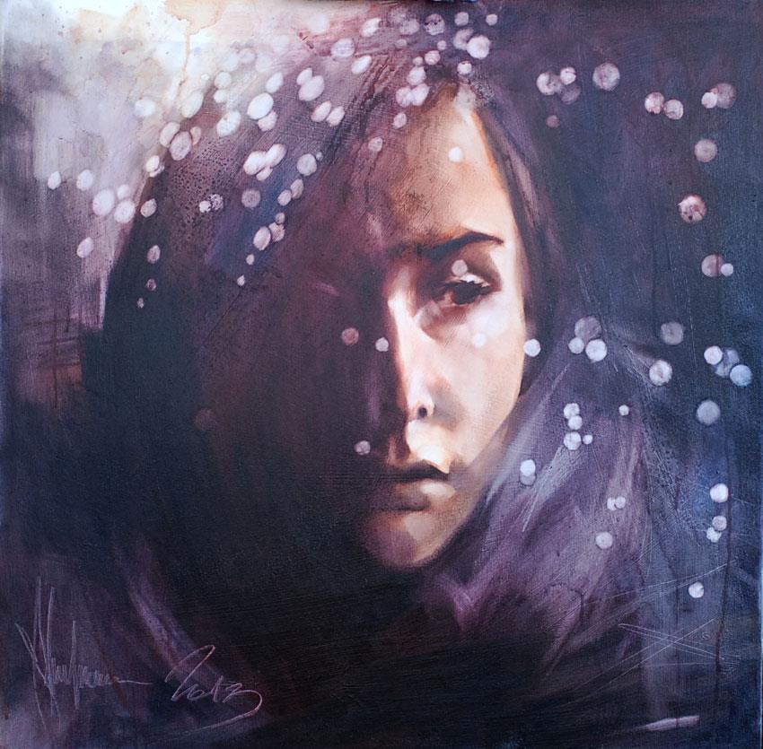 Wet Glass, 2013 – Original Oil Painting by Igor Shulman Wet Glass, 2013 original oil painting by Igor Shulman showing a woman behind wet glass