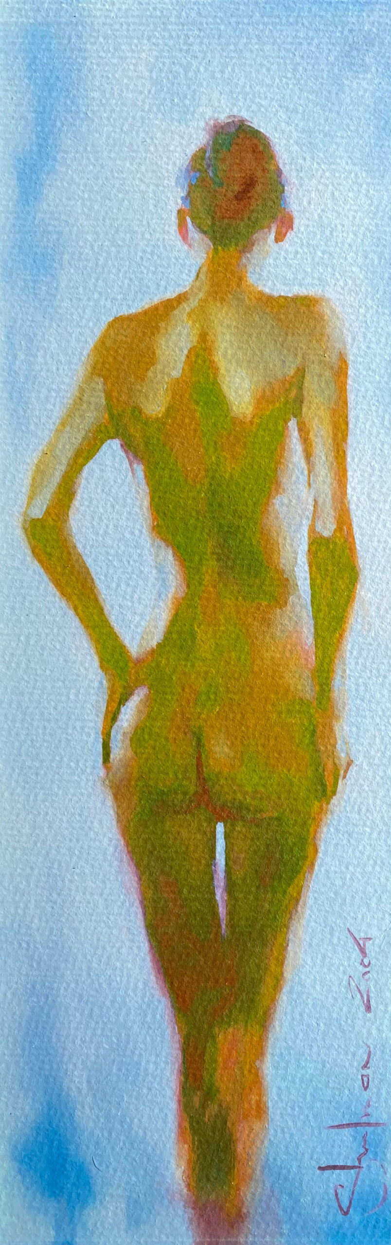 Woman Nude Study, 2004 Original figurative study by Igor Shulman, 2004 – nude woman seen from behind in green and ochre tones.